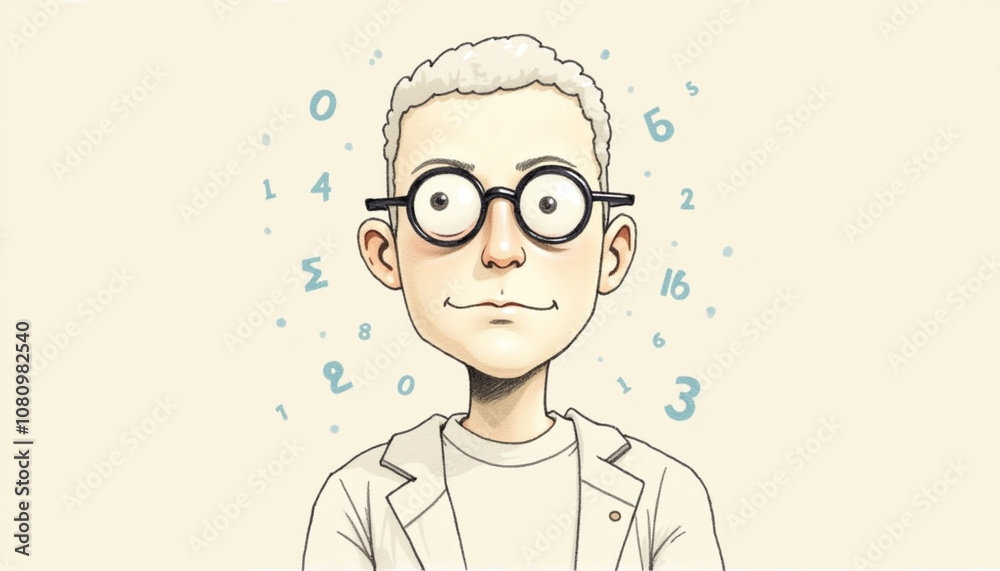 cartoon scientist with glasses and grey hair surrounded by numbers and equations cartoon scientist with glasses and grey hair surrounded by numbers and equations
