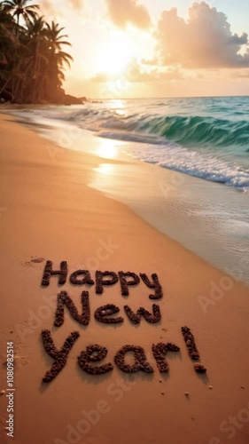 A beautiful New Year greeting carved in sand at sunset, waves washing over on a tranquil tropical beach photo