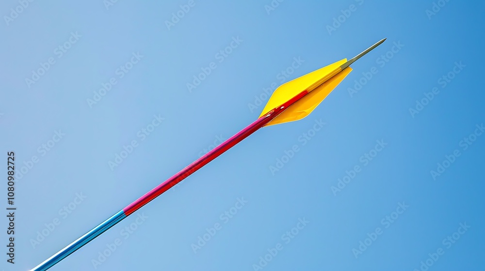 A close-up of a javelin flying through the air against a clear blue sky. A close-up of a javelin flying through the air against a clear blue sky.