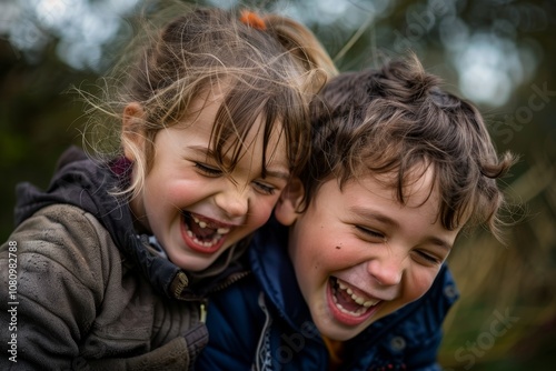 A young brother and sister, outdoors, laugh together while playing A brother and sister laughing together while playing in a park