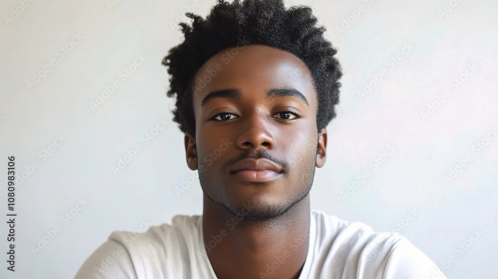 Obraz premium Portrait of a Young African American Man Against a Minimalist Background, Capturing the Essence of Confidence and Modern Style in High-Quality Imagery