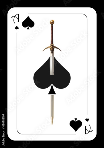 Original design of the playing card ace of spades. Ace of spades with the image of a knight's sword. Vector illustration