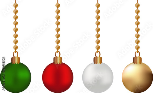Christmas red gold green silver pearl ball hanging on gold beads Set christmas balls isolated transparent background Holiday xmas decoration New year set ornaments