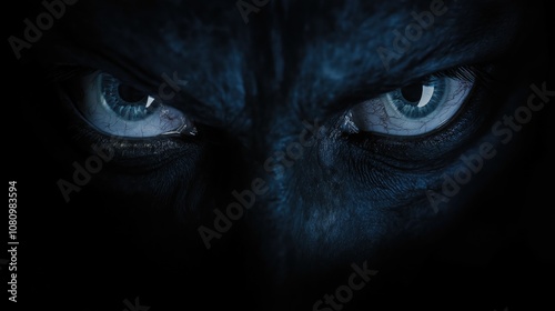 Blue eyes of a man monster in the darkness, close-up. Terrible eyes.