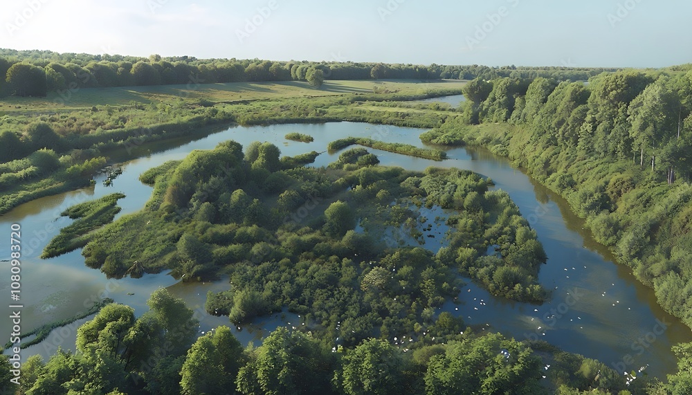 Naklejka premium The Peaceful Scenery of the Haff Rimech Nature Reserve Showcasing Wetlands and Diverse Wildlife