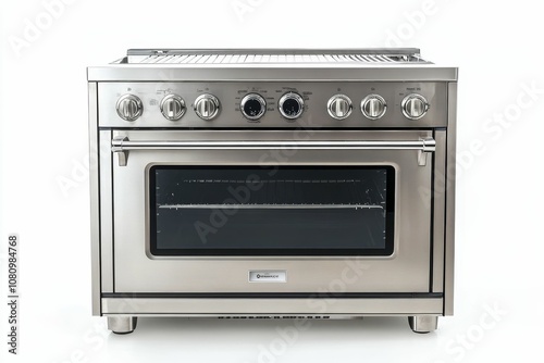 Stainless steel range with oven door open.