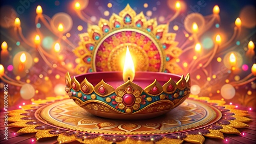 Traditional Diwali Diya Lamp with Colorful Decorations and Lights