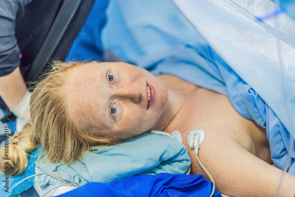 A woman lies in the operating room, ready for surgery. Surrounded by advanced medical equipment and healthcare professionals, she exhibits calmness and trust, highlighting the importance of the A woman lies in the operating room, ready for surgery. Surrounded by advanced medical equipment and healthcare professionals, she exhibits calmness and trust, highlighting the importance of the