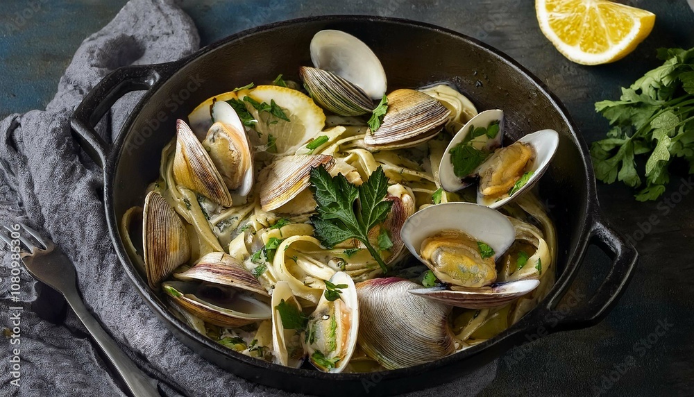 Close-up of steamed clams, linguini and parsley served in casserole Close-up of steamed clams, linguini and parsley served in casserole