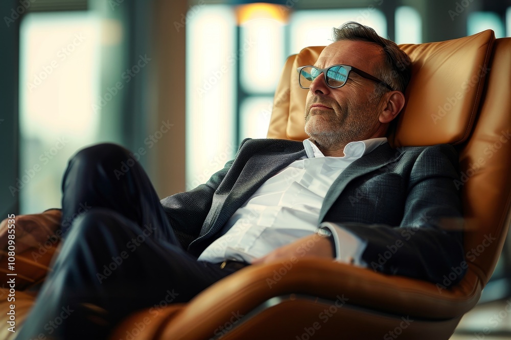 A businessman wearing a suit and glasses relaxes in a leather office chair A businessman relaxing in a luxury office chair with a thoughtful expression A businessman wearing a suit and glasses relaxes in a leather office chair A businessman relaxing in a luxury office chair with a thoughtful expression