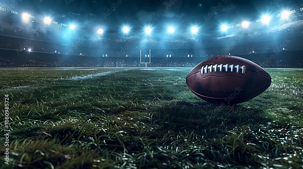 A high-definition shot of a football resting on a perfectly manicured field under stadium lights. A high-definition shot of a football resting on a perfectly manicured field under stadium lights.