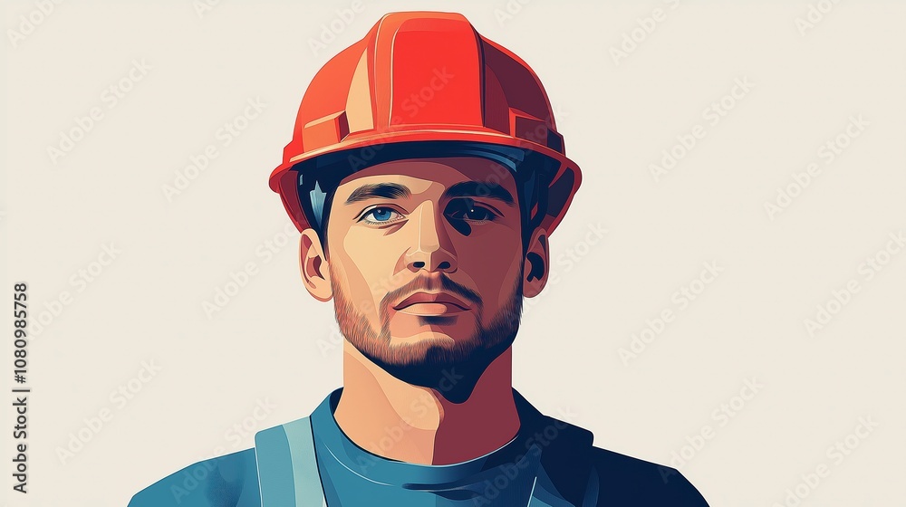 Construction Worker in Red Hard Hat and Blue Overalls Construction Worker in Red Hard Hat and Blue Overalls