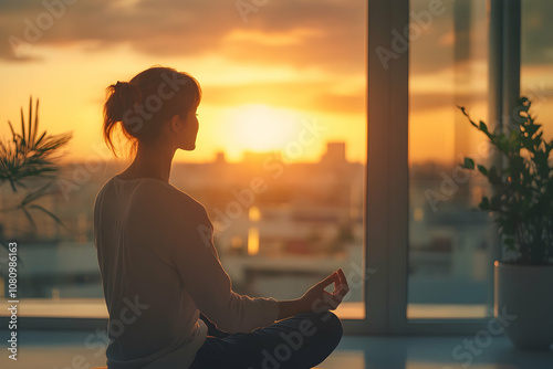 Bright start: businesswoman meditating before her workday, focusing on positivity