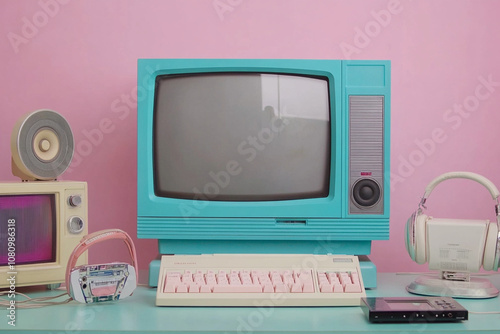 Retro technology devices arrangement with vintage electronics including boombox, cassette, flip phone, computer, and TV in a pastel setting