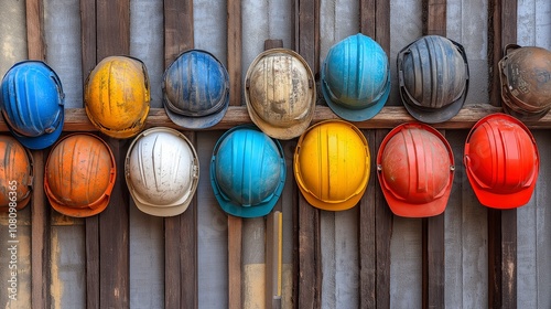 A row of colorful construction helmets hanging on a wooden wall | Hard hat concept photo