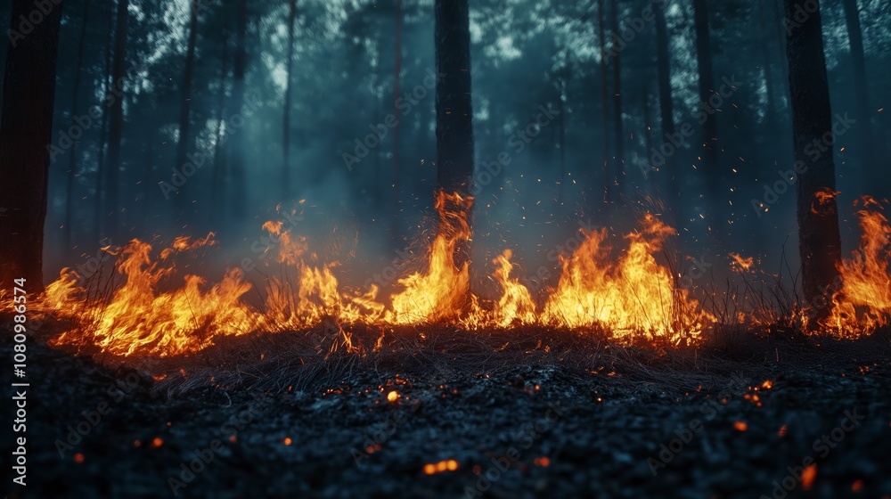 A forest fire burning through trees and vegetation at night, with flames and smoke visible