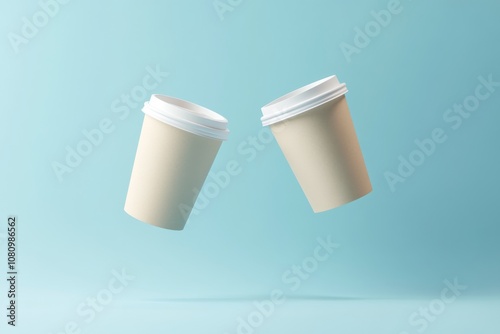 Mockup Floating Coffee Cups on Light Aqua Background with Minimalist Design for Beverage Branding Inspiration
