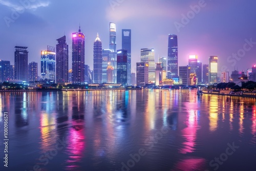 A cityscape of Shanghai with modern skyscrapers lit up at dusk, reflecting in the calm river water A bustling city skyline with twinkling lights and reflections in a tranquil river below