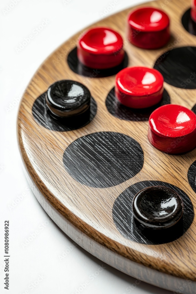 Wooden board with red and black game pieces. Wooden board with red and black game pieces.