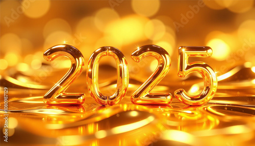 Golden 2025 in a sparkling, reflective setting with glowing lights, perfect for festive New Year or celebration themes. Symbolizes luxury, optimism, and an exciting start to the year ahead