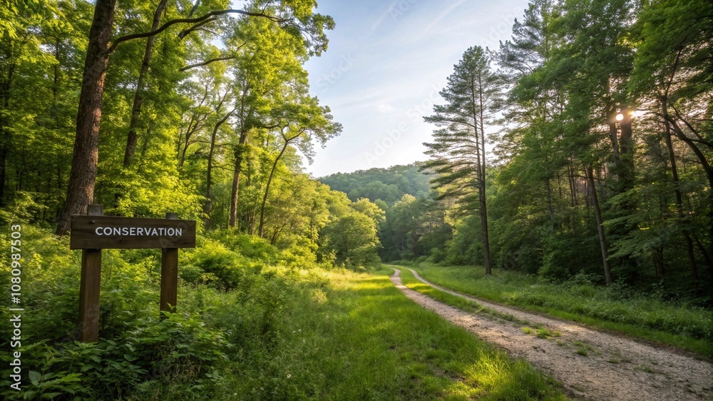 Protected forest area with signs showing environmental preservation Protected forest area with signs showing environmental preservation