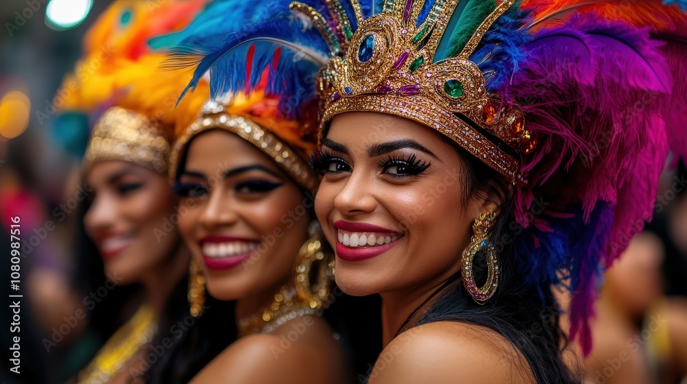 Dynamic, smiling dancers adorned with vibrant, feathered headdresses in a vivid array of colors actively celebrate the joyous spirit of a lively street carnival. Dynamic, smiling dancers adorned with vibrant, feathered headdresses in a vivid array of colors actively celebrate the joyous spirit of a lively street carnival.