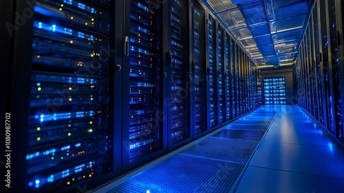 A modern data center with rows of server racks illuminated by blue lights