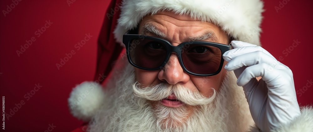 Santa Claus looking stylish with sunglasses and white gloves set against a vibrant red background, conveying a festive and modern Christmas vibe.


