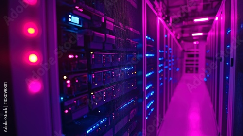 A modern data center with rows of server racks illuminated by purple and blue LED lights