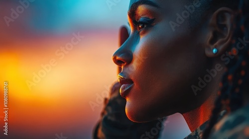 A dramatic profile view of a female soldier saluting as the sun sets on the horizon, capturing the essence of honor, pride, and a sense of duty. photo