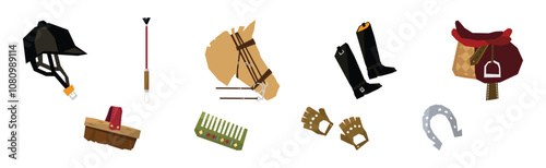 Equestrian Sport Equipment and Horse Riding Gear Vector Set