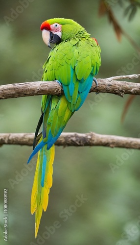 Green parrot Great-Green Macaw, Ara ambigua. Wild rare bird in the nature habitat, sitting on the branch in Costa Rica.