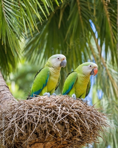 Monk parakeet, Myiopsitta monachus, grey green parrot in nature habitat, palm tree nest. Monk parrot, hot summer day in La Herradura, Andalusia in Spain. Bird nesting behaviour  photo