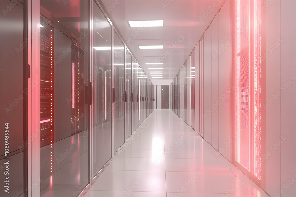 Fototapeta premium Data Center Corridor with Networked Servers and Cloud Visualizations