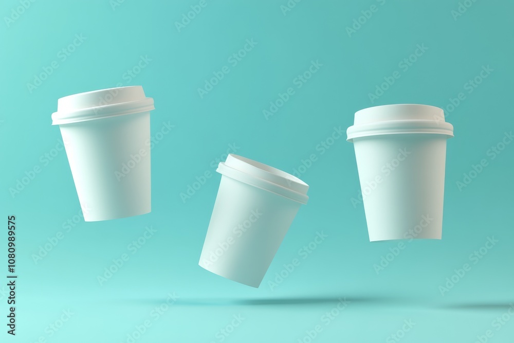 Mockup coffee cup in dynamic mid-air positions on aqua background. Perfect for branding logos and creative promotional designs Mockup coffee cup in dynamic mid-air positions on aqua background. Perfect for branding logos and creative promotional designs