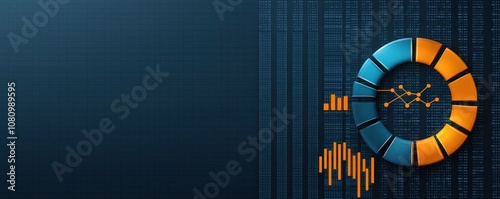 keyword for marketing in trends. Abstract data visualization background featuring orange and blue circular elements with graphs and binary code, perfect for technology and finance themes