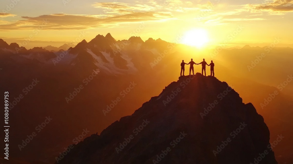 Four Silhouettes Holding Hands on a Mountaintop at Sunrise Four Silhouettes Holding Hands on a Mountaintop at Sunrise