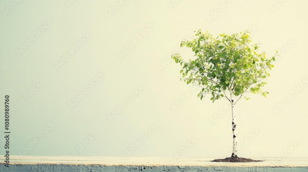 A Small Green Tree Standing Alone on a Minimalistic Background Evoking Feelings of Solitude, Growth, and Nature's Resilience in an Urban Environment A Small Green Tree Standing Alone on a Minimalistic Background Evoking Feelings of Solitude, Growth, and Nature's Resilience in an Urban Environment