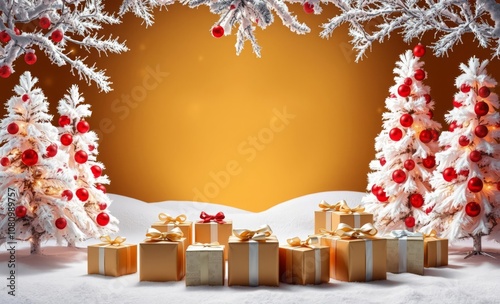 Christmas scene, snow-covered pine branches, golden background, white Christmas trees with red ornaments, wrapped gift boxes, festive decorations, warm lighting, holiday atmosphere, cozy winter settin photo