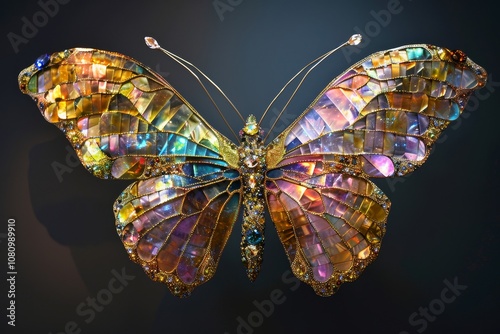 Crystal Butterfly Sculpture Glimmering in the Light, A butterfly crafted from shimmering crystals and gemstones photo