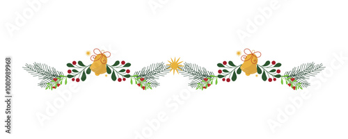 Christmas garland, red berries. Flat vector illustration for holiday decoration.