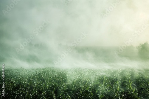 Pesticide spray drifting over crops in minimalist style artwork photo