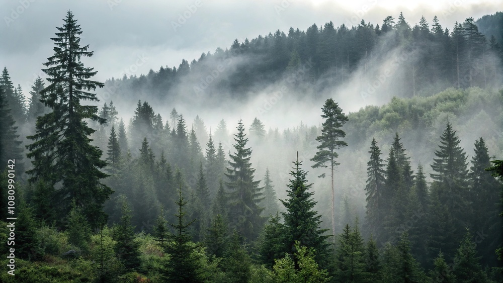 Dense fir forest with misty fog rolling in, tree canopies, greenery, earthy tones, woodland scenery, atmospheric conditions Dense fir forest with misty fog rolling in, tree canopies, greenery, earthy tones, woodland scenery, atmospheric conditions