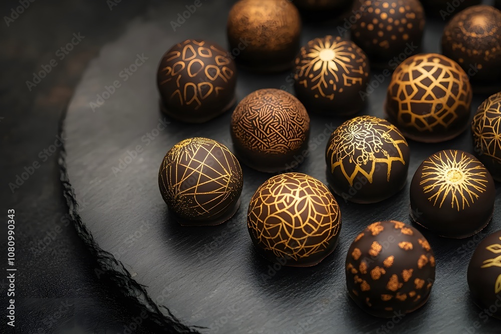 truffles of luxury chocolates with elegant gold dust, representing gourmet treats, chocolate collection sweets and gourmet dessert truffles of luxury chocolates with elegant gold dust, representing gourmet treats, chocolate collection sweets and gourmet dessert