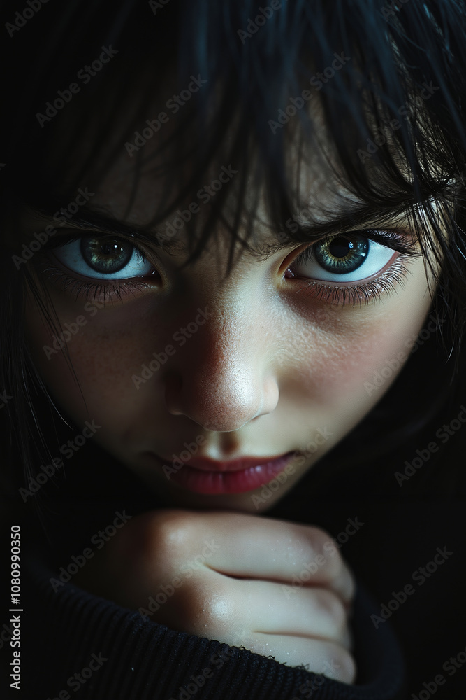 A close up of a young girl with blue eyes A close up of a young girl with blue eyes
