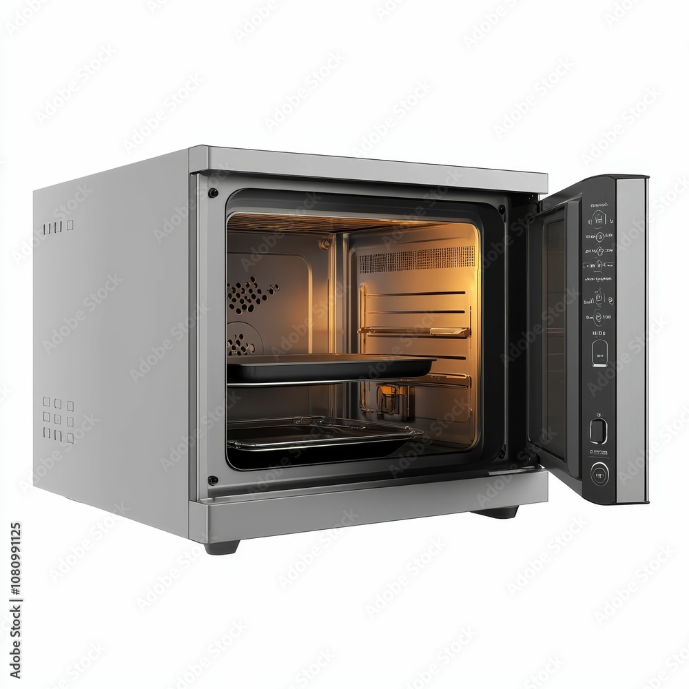 Fototapeta premium Open stainless steel oven with light.