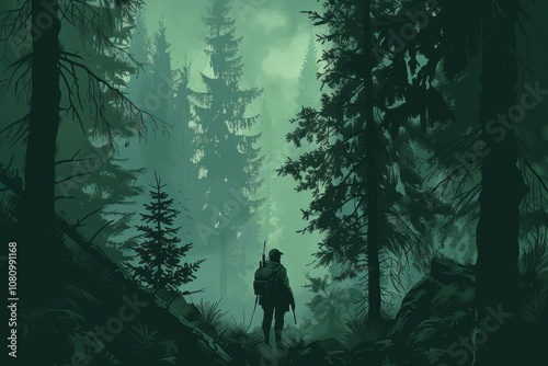 Minimalist forest ranger in serene pine forest setting