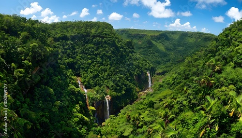 Lush Green Valley with Cascading Waterfalls at Black River Gorges National Park