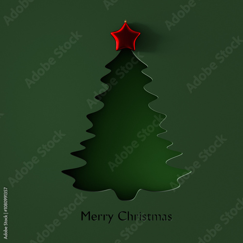 Paper Cut Out Merry Christmas Tree on Green Background. 3d render