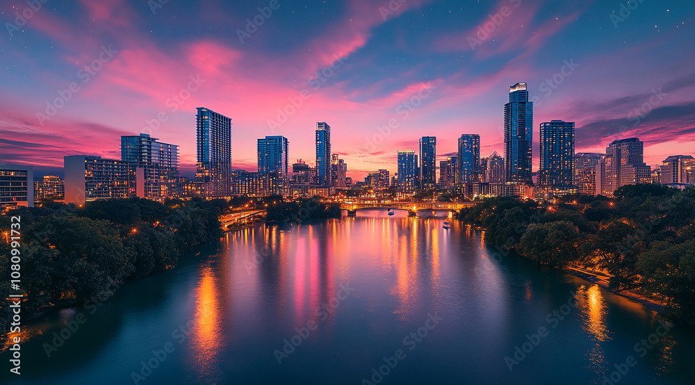 Fototapeta premium Austin, Texas at sunset, with the city skyline reflected in the water